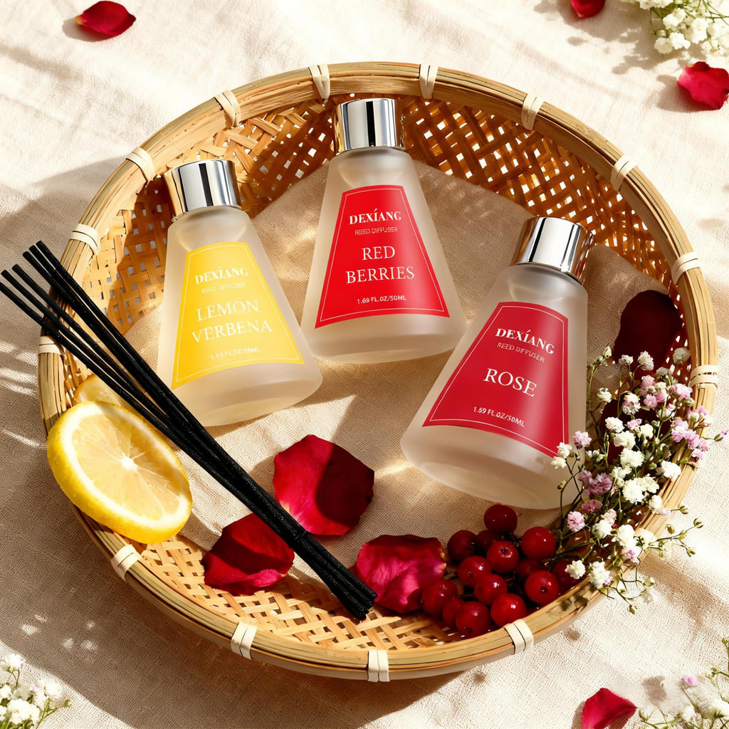 Reed Diffuser Set of 3 Packs, Lemon Verbena/Rose/red Berry, Oil Diffuser Reed Diffuser for for Home, Bathroom, Office Decor 1.7 Fl.oz, Total 5.1Oz