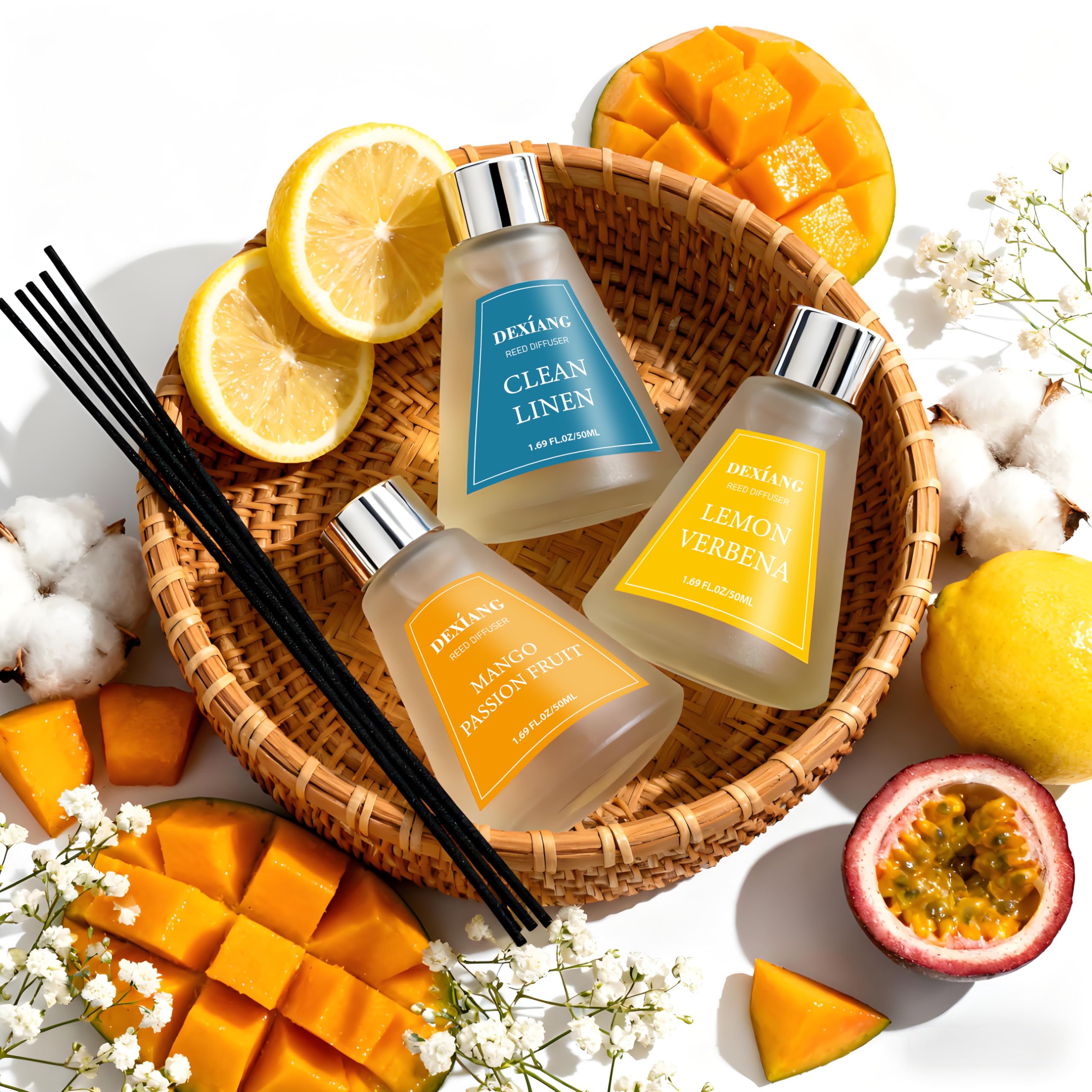 Reed Diffuser Set of 3 Packs, Lemon Verbena/Rose/red Berry, Oil Diffuser Reed Diffuser for for Home, Bathroom, Office Decor 1.7 Fl.oz, Total 5.1Oz